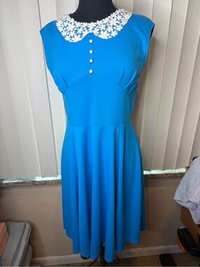 CaiDieNu Blue Floral Collar Fit-and-Flare Retro Minimalist Dress Size Large
